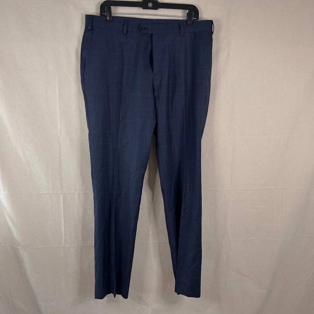 Charles Tyrwhitt 40R Suit 36x31 Wool Navy Windowpane Two Button Double Vented